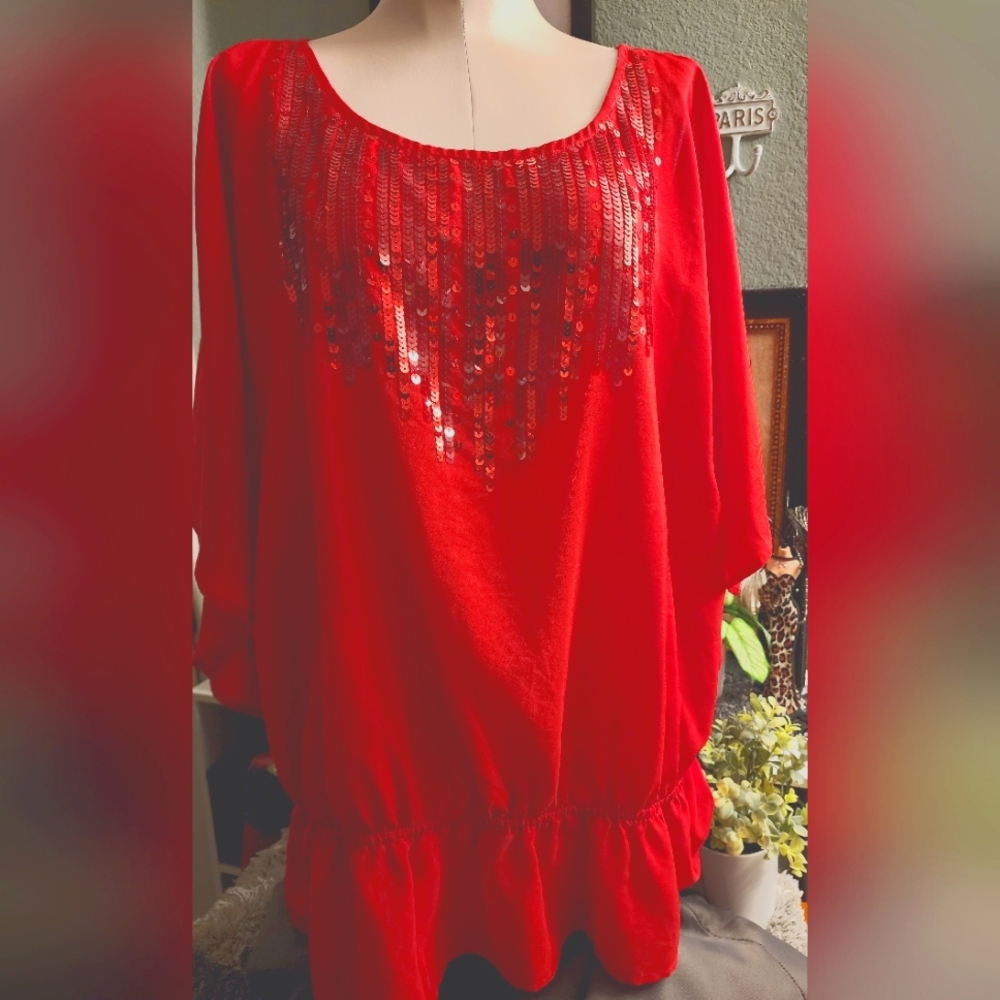 Red Sequined peek a boo shoulder blouse 18/20 Lane Bryant